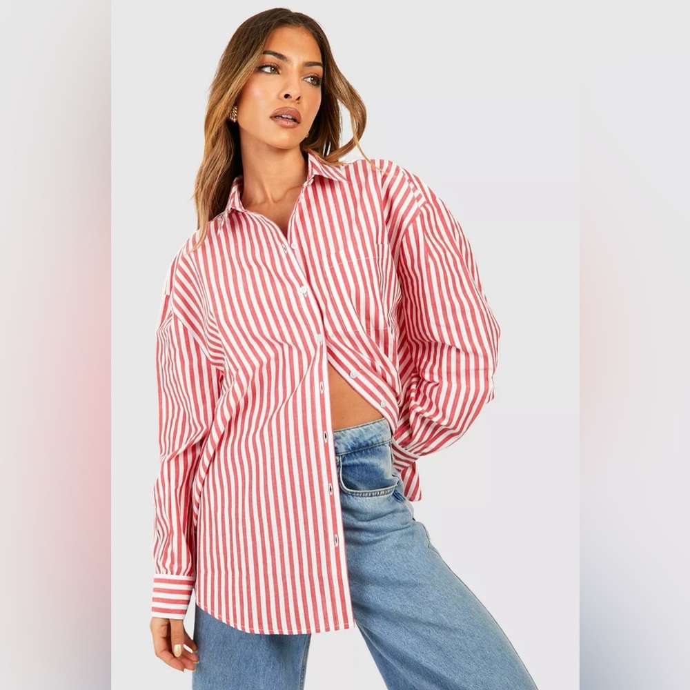 Red and White Oversized Pocket Detail Striped Long sleeve Shirt